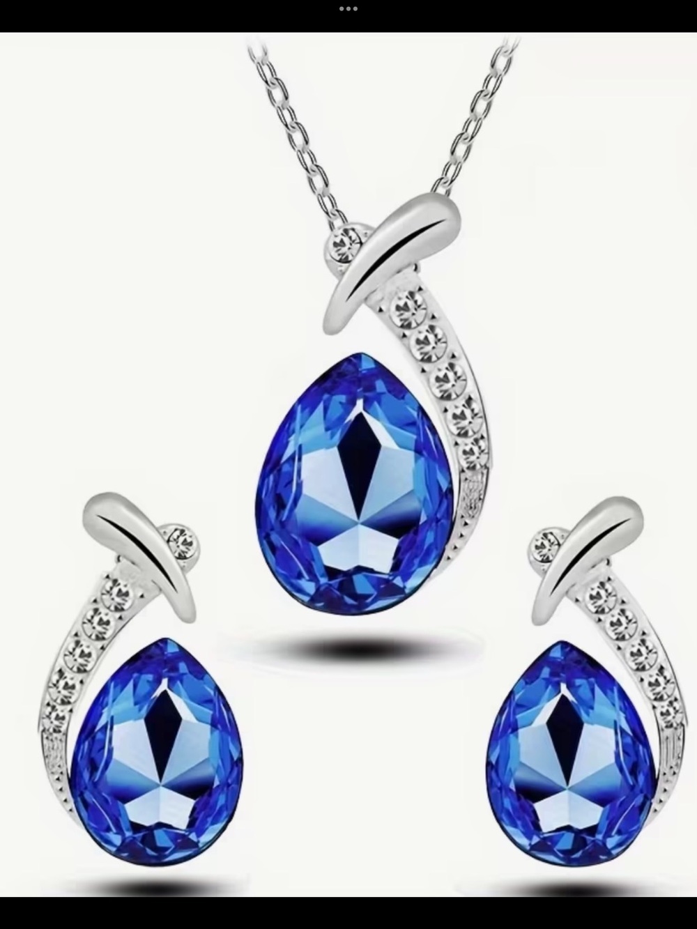 Elegant  Royal Blue Teardrop Pendant Necklace and earrings set Silver Tone